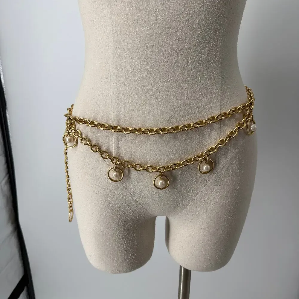 Vintage Style Draped Faux Pearl Gold Toned Chain Belt Chunky Statement